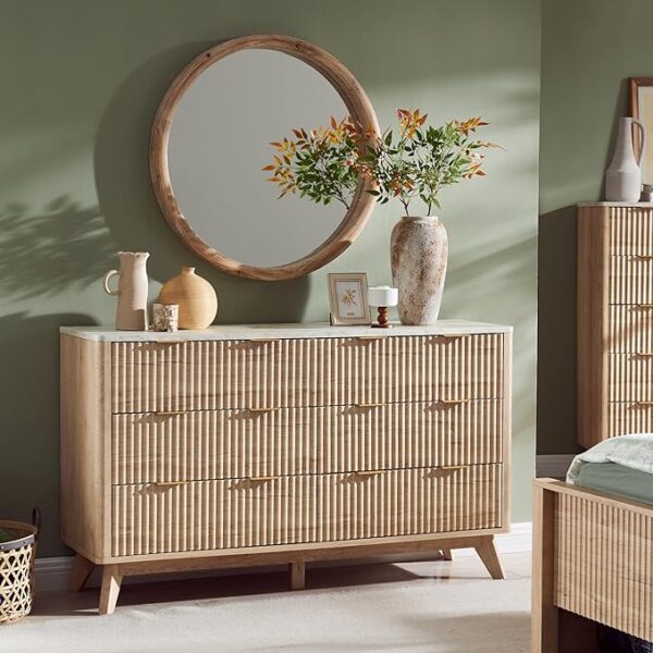 T4TREAM Fluted 6 Drawers Dresser, 54" Wide Modern Chest of Drawers with Faux Marble Top, Curved Profile Design, Dresser TV Stand, Wood Drawer Organizer for Bedroom, Living Room, Hallway, Natural Oak - Image 6