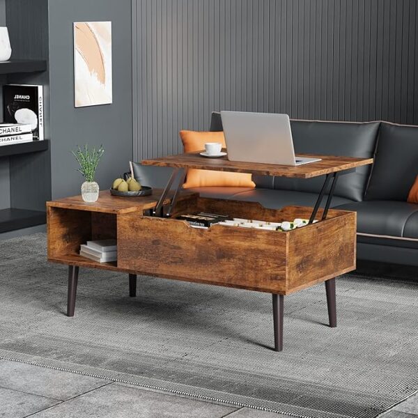 Sweetcrispy Coffee Table, Lift Top Coffee Tables for Living Room, Small Rising Wooden Dining Center Tables with Storage Shelf and Hidden Compartment, Brown - Image 3