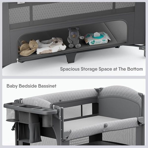 4 in 1 Baby Bassinet, Pack and Play, Bedside Crib Sleeper, Diaper Changer - Comes with Mattress, Mosquito Net，Bottom Storage and Toy Bar for Newborn to Toddles - Image 6