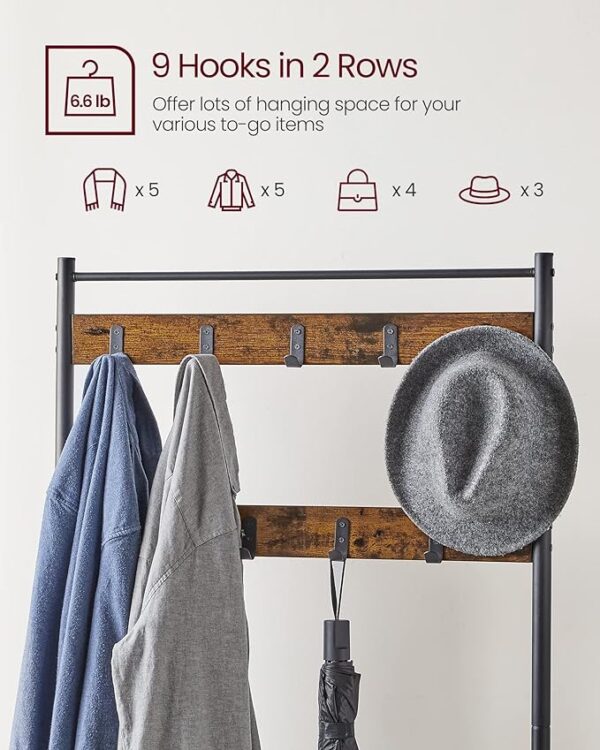VASAGLE Coat Rack, Hall Tree with Shoe Storage Bench, Entryway Bench with Shoe Storage, 3-in-1, Steel Frame, for Entryway, 12.6 x 27.6 x 68.9 Inches, Industrial, Rustic Brown and Black UHSR41BX - Image 2