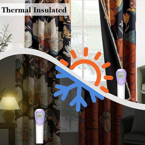 Black Boho Floral 100% Blackout Curtains for Bedroom 84 inch Long 2 Panels Mid Century Botanical Black Out Curtains for Living Room Grommet Thermal Insulated Room Darkening Window Drapes,52Wx84L - Image 2