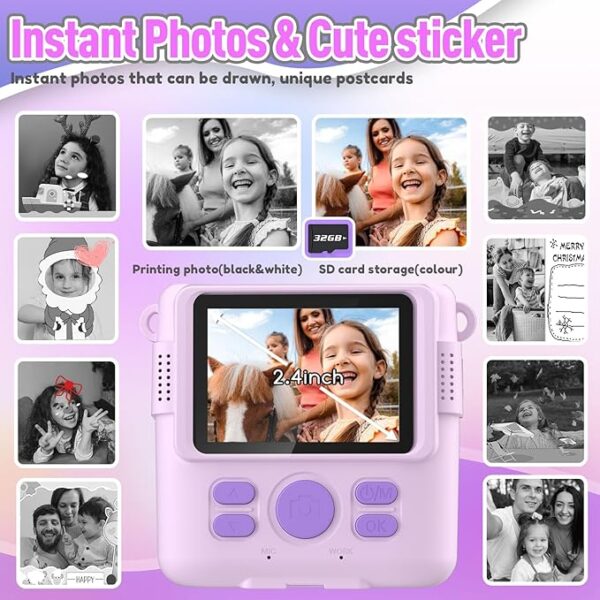 Instant Print Camera for Kids, Christmas Birthday Gifts for Girls Boys, HD Digital Video Cameras for Toddler, Portable Toy for 4 5 6 7 8 9 10 Year Old Girl with 32GB SD Card-Purple - Image 5
