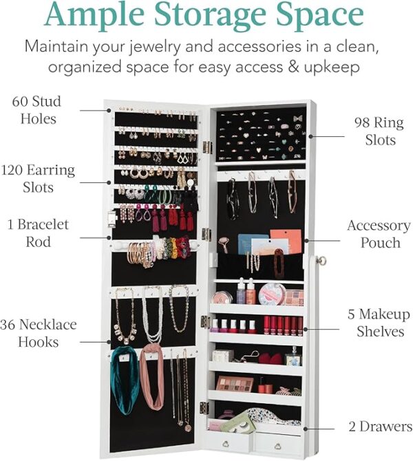 Best Choice Products Freestanding Jewelry Armoire Cabinet, Full Length Standing Mirror, Lockable Makeup Storage Organizer, w/Velvet Lining, 3 Angles, Lock, Accessory Pouch, 5 Shelves - White - Image 6