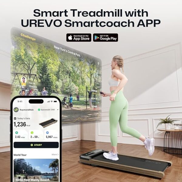 UREVO 2024 New Wood Walking Pad with Smart APP, Under Desk Treadmill for Home Office, Portable Treadmill Walking, 2.25HP Walking Jogging Machine with Remote Control LED Display, 265 Lbs Capacity - Image 6