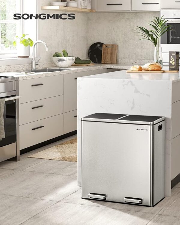 SONGMICS Trash Can, 2 x 8 Gallon (2 x 30 L) Garbage Can for Kitchen, with 15 Trash Bags, 2 Compartments, Plastic Inner Buckets and Hinged Lids, Airtight, Silver and Black ULTB60NL - Image 5