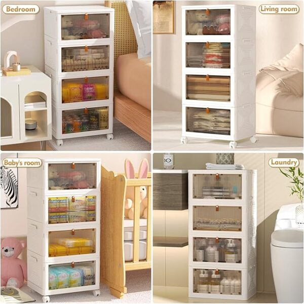 4 Tier Plastic Storage Bins with Lid 23QT, Stackable Storage Containers with Wheels, Folding Storage Boxes, Stackable Storage Bins, Closet Organizers and Storage for Living Room,Office,Dorm - Image 2