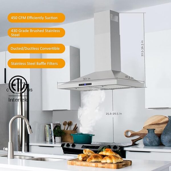 FIREGAS Range Hood 30 inch Wall Mount,450 CFM Ducted/Ductless Range Hood with Stainless Steel,Stove Hood Vent for Kitchen with 3 Speed Fan,Permanent Filters,Led Lights,Digital Touch,Charcoal Filter - Image 2
