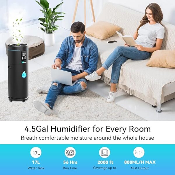 Humidifiers for Large Room Home Bedroom 2000 sq.ft. 17L/4.5Gal Large Humidifier with Extension Tube & 4 Speed Mist,Top Fill Wholehouse Humidifier with 360°Nozzle for Plant Commercial Greenhouse(Black) - Image 6