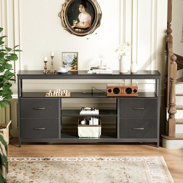 Huuger TV Stand Dresser with Power Outlets and LED Lights, 4 Drawers Entertainment Center with Shelf, 54 Inch Media Console for 55 60 Inch TV, 4 AC Outlets, 2 USBs, Dresser with PU Finish, Black - Image 2