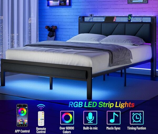Furnulem Queen Size Bed Frame with Headboard and LED Lights,Upholstered Bedframe with Charging Station and USB Port, Platform Metal Bed Frame,No Box Spring Needed, Noise Free - Image 4
