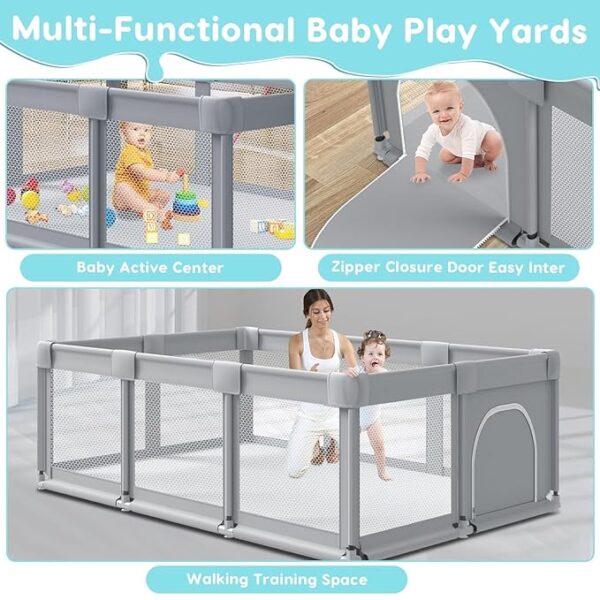 74" ×50" Large Baby Playpen, Baby Playard for Babies and Toddlers, Baby Fence Play Pens for Indoor & Outdoor, Sturdy Safety Play Yard with Soft Breathable Mesh, Anti-Fall, Grey - Image 3