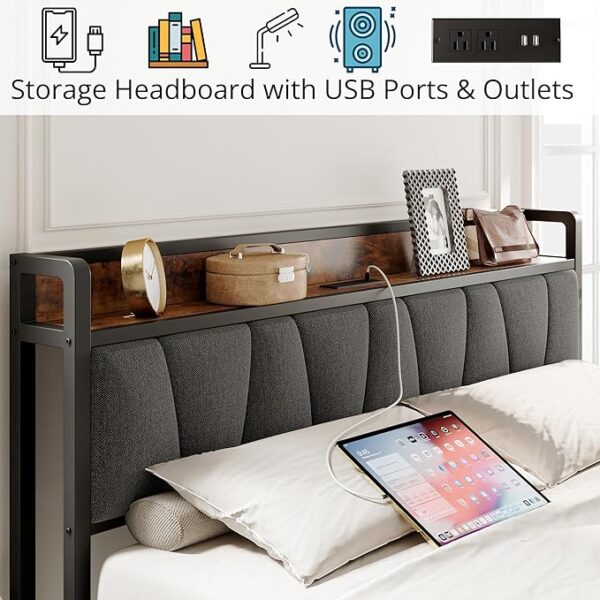 LIKIMIO King Size Bed Frame, Storage Headboard with Charging Station, Solid and Stable, Noise Free, No Box Spring Needed, Easy Assembly - Image 2