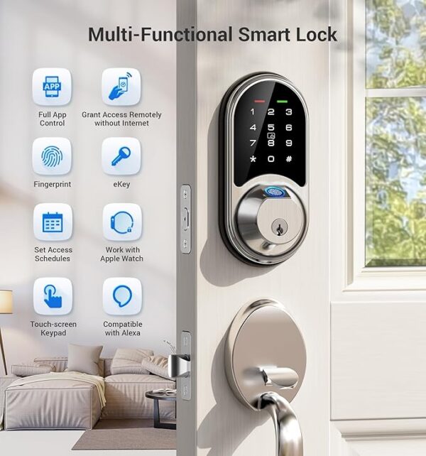 Veise Smart Lock, Fingerprint Door Lock, 7-in-1 Keyless Entry Door Lock with App Control, Electronic Touchscreen Keypad, Smart Deadbolt, Biometric Smart Locks for Front Door, Satin Nickel - Image 4