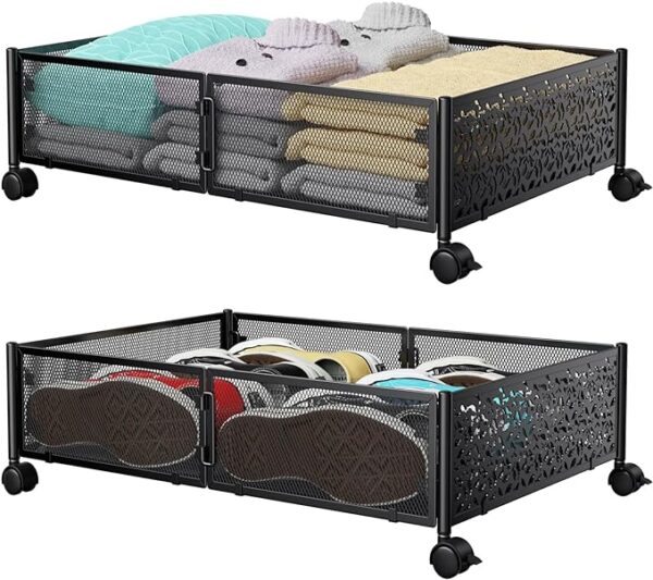 Under Bed Storage, Under the Bed Storage Containers with Wheels, Under Bed Shoe Storage Organizer Drawer, Tool-free Assembly Metal Underbed Storage Containers for Bedroom Clothes Shoes Blankets -2Pack