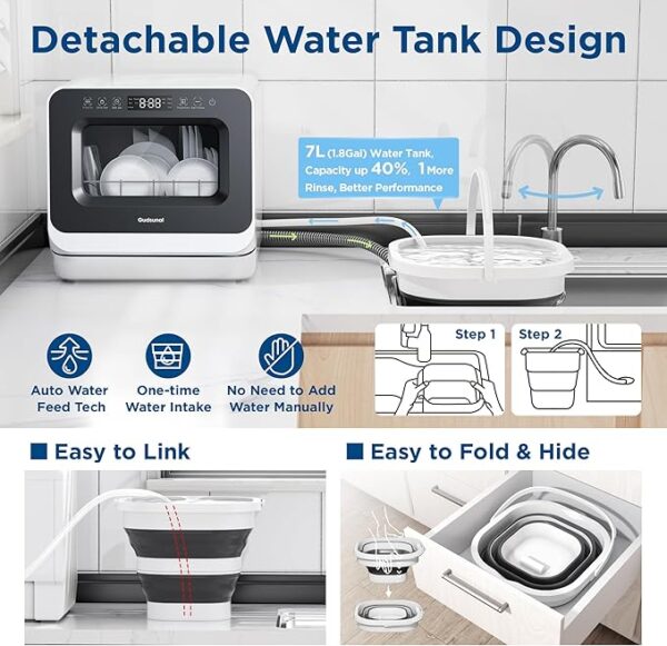 Portable Countertop Dishwasher, 7L Detachable Water Tank, 6 Programs,No Hookup Needed, 192℉ Hi-Temp Hygiene, Hybrid Drying & Preserve Fuction, Mini/Small Dishwasher for RV & Apartment,Black - Image 3