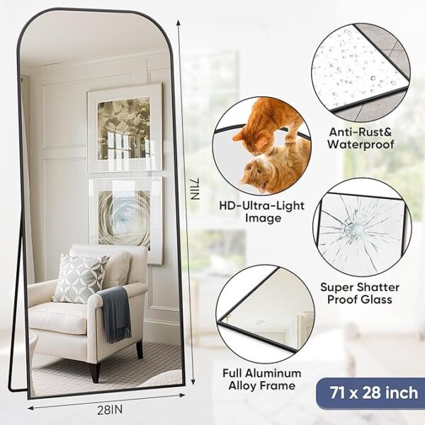 Antok Full Length Mirror, 71"x28" Floor Mirror Freestanding, Arched Floor Standing Large Mirror Full Body Mirror with Stand for Bedroom, Hanging Mounted Mirror for Living Room, Black - Image 3