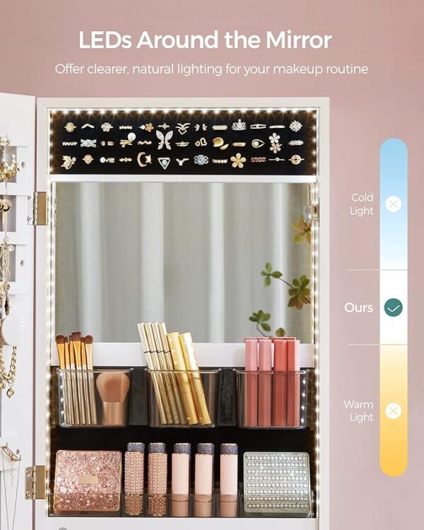 SONGMICS Mirror Jewelry Cabinet Armoire Organizer, Wall or Door Mount Storage Cabinet with Full-Length Frameless Lighted Mirror, Built-in Makeup Mirror, 2 Drawers, Lockable, White UJJC013W01 - Image 5