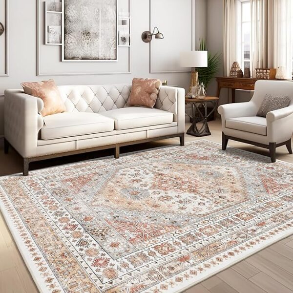 zesthome 8x10 Area Rugs for Living Room,Non-Slip Backing Washable Rugs,Vintage Large Area Rug，Stain Resistant Home Decor Rug (Orange,8'x10') - Image 3