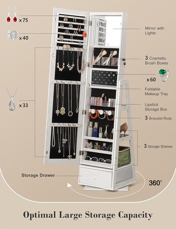 Nicetree 360° Swivel Jewelry Cabinet with Lights, Touch Screen Vanity Mirror, Rotatable Full Length Mirror with Jewelry Storage, Standing Jewelry Armoire Organizer, Foldable Makeup Shelf, White - Image 3