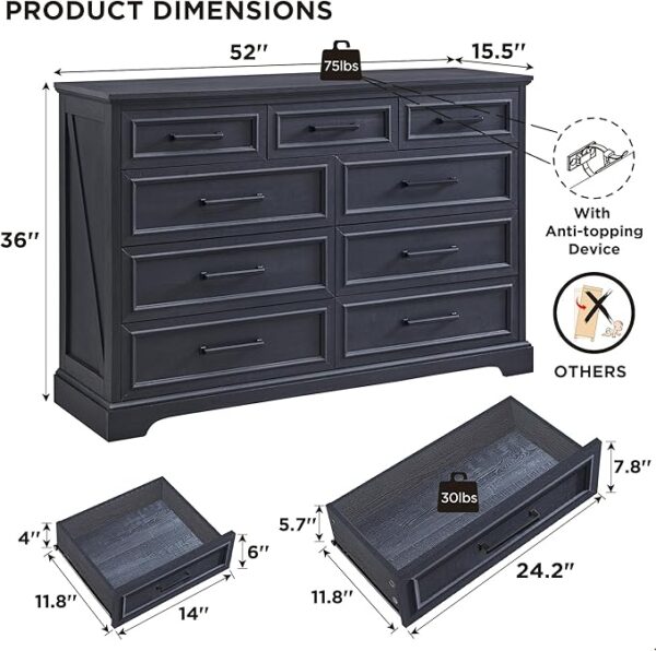 Farmhouse 9 Drawer Dresser for Bedroom, 36 Inch Tall Modern Dresser TV Stand with Large Drawers & Bar Handles, Rustic Wood Dresser Chest of Drawers for Bedroom, Living Room, Hallway, Black - Image 4