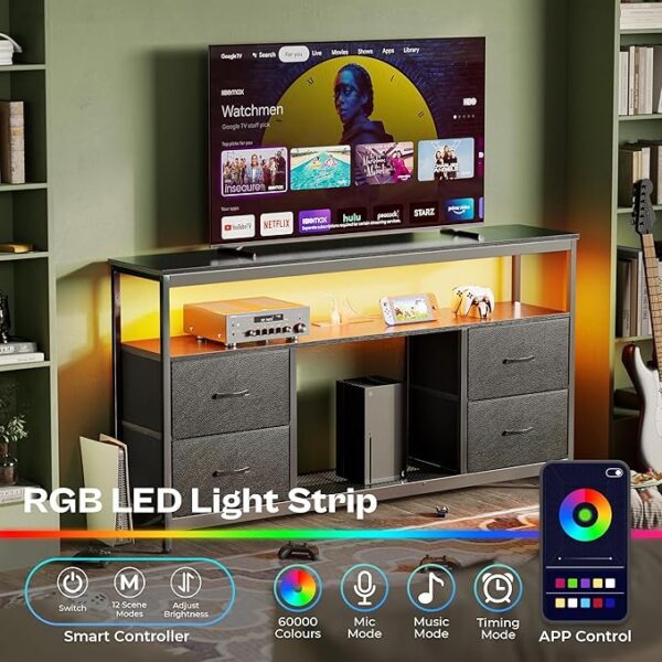 Huuger TV Stand Dresser with Power Outlets and LED Lights, 4 Drawers Entertainment Center with Shelf, 54 Inch Media Console for 55 60 Inch TV, 4 AC Outlets, 2 USBs, Dresser with PU Finish, Black - Image 4