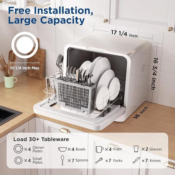 Portable Countertop Dishwasher, 7L Detachable Water Tank, 6 Programs,No Hookup Needed, 192℉ Hi-Temp Hygiene, Hybrid Drying & Preserve Fuction, Mini/Small Dishwasher for RV & Apartment,Black - Image 4