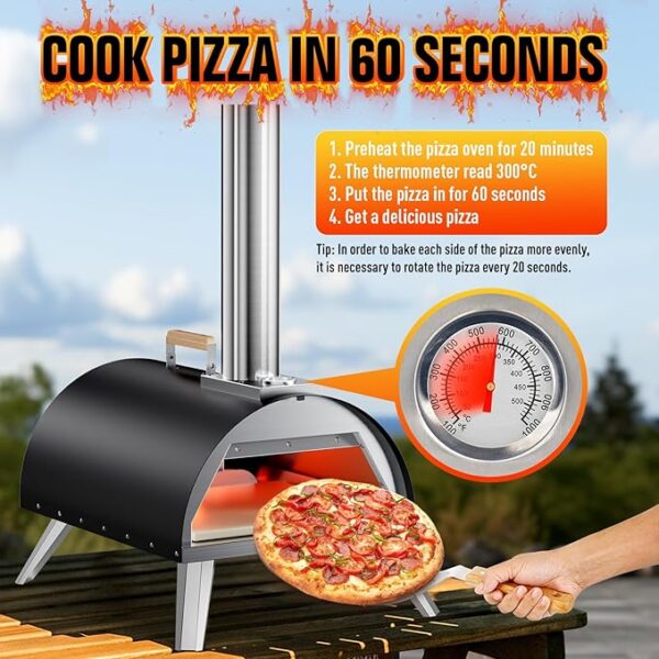 Multi-Fuel Pizza Oven Outdoor, 12" Portable Wood and Gas Fired Pizza Oven with Thermometer,Gas Hose & Pizza Stone,Heats up to 1000°F,Stainless Steel Pizza Oven for Backyard or Camping (Black) - Image 4