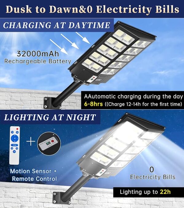 JAYNLT Y-5200W Solar Street Lights Outdoor,520000LM 6500K Commercial Parking Lot Lights Dusk to Dawn, Waterproof Solar Security Flood Lights with Motion Sensor and Remote for Yard, Garage, Driveway - Image 3