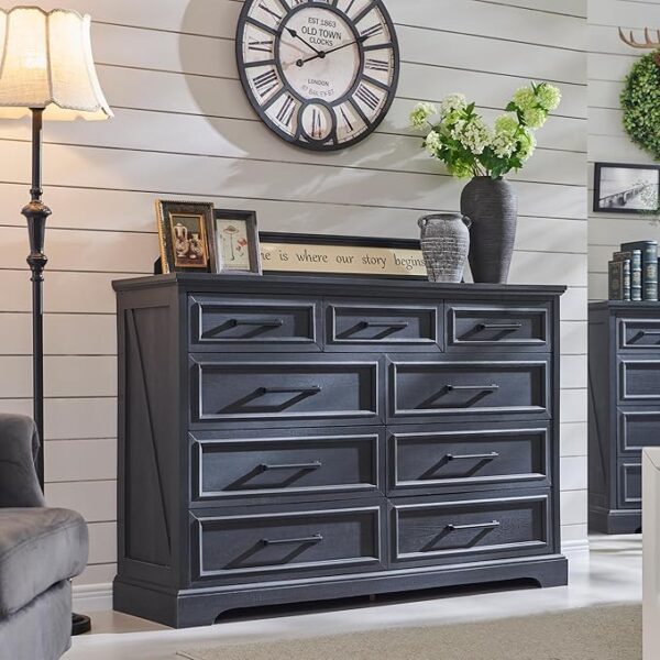 Farmhouse 9 Drawer Dresser for Bedroom, 36 Inch Tall Modern Dresser TV Stand with Large Drawers & Bar Handles, Rustic Wood Dresser Chest of Drawers for Bedroom, Living Room, Hallway, Black