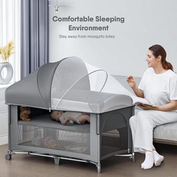 4 in 1 Baby Bassinet, Pack and Play, Bedside Crib Sleeper, Diaper Changer - Comes with Mattress, Mosquito Net，Bottom Storage and Toy Bar for Newborn to Toddles - Image 3