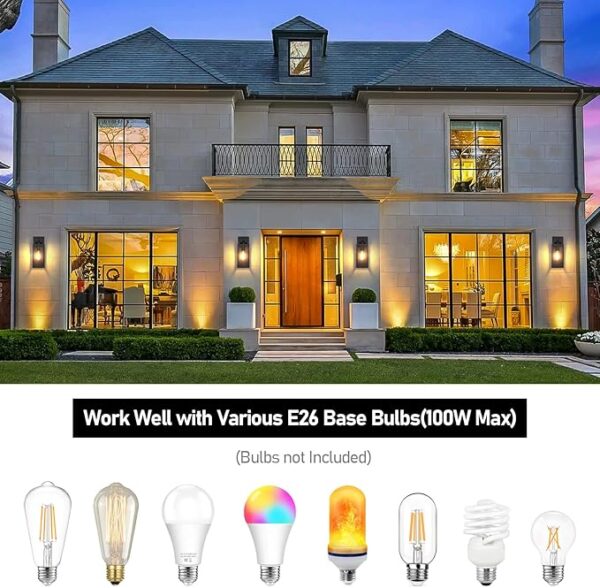 Outdoor Wall Light Fixtures, Exterior Waterproof Lanterns, Porch Sconces Wall Mounted Lighting with E26 Sockets & Glass Shades, Modern Matte Black Wall Lamps for Patio Front Door Entryway, 2-Pack - Image 5