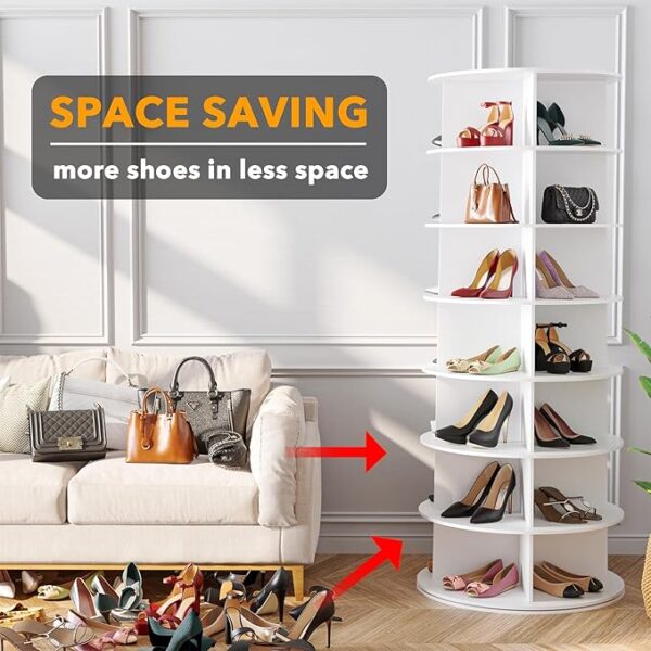 SpaceAid 7 Tier Rotating Shoe Rack Tower, Spinning Shoe Display Lazy Susan, Revolving 360 Shoe Rack Storage Round Carousel, Vertical Handbag Rotate Shoes Closet Organization (7-Tier White) - Image 6