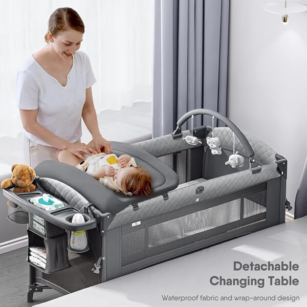 4 in 1 Baby Bassinet, Pack and Play, Bedside Crib Sleeper, Diaper Changer - Comes with Mattress, Mosquito Net，Bottom Storage and Toy Bar for Newborn to Toddles - Image 4