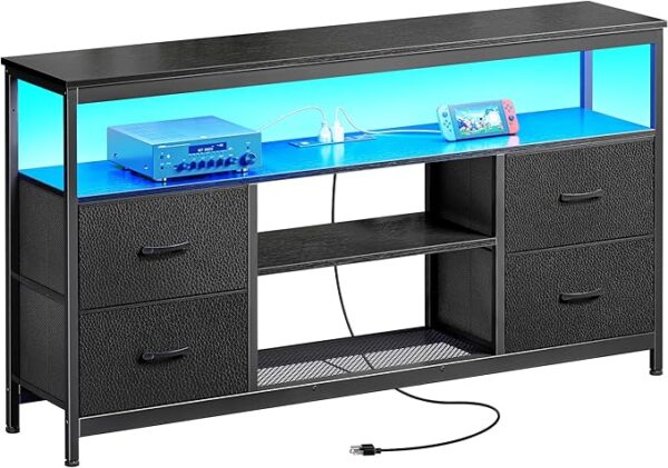 Huuger TV Stand Dresser with Power Outlets and LED Lights, 4 Drawers Entertainment Center with Shelf, 54 Inch Media Console for 55 60 Inch TV, 4 AC Outlets, 2 USBs, Dresser with PU Finish, Black