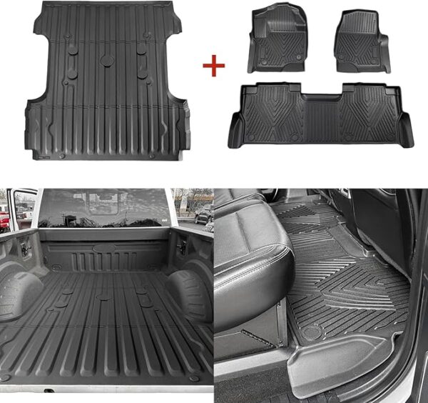 TripleAliners Truck Bed Mat & Crew Cab w/Fold Flat Storage Floor Mats Compatible with 2017-2022 Ford Super Duty F250/F350/F450 Accessories Perfectly (6.8FT Bed Mat+Floor Mats)