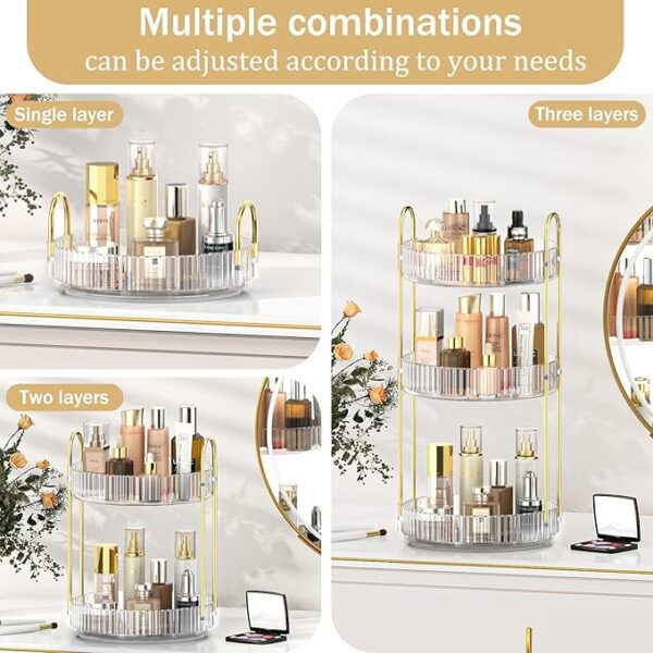 MOKANI 360 Rotating Makeup Organizer for Vanity, 3 Tier Adjustable Perfume Organizer for Dresser, Multi-Function Spinning Cosmetics Skincare Organizer for Bedroom, Dresser, Countertop, Clear - Image 5