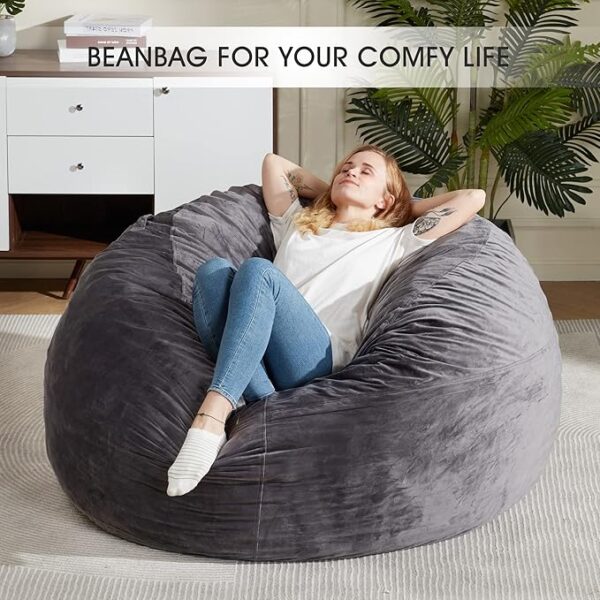 Homguava Bean Bag Chair: Giant Bean Bags with Memory Foam Filled, Large Beanbag Chairs Soft Sofa with Dutch Velet Cover 6FT(58"×58"×28")-Grey - Image 4