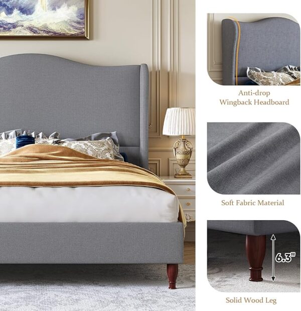 Queen Size Upholstered Bed Frame with 51" Tall Headboard Wingback Platform Bed with Soft Fabric, Retro Simple Style Sleigh Bedframe No Box Spring Needed, Noise-Free/Easy Assembly, Light Grey - Image 6