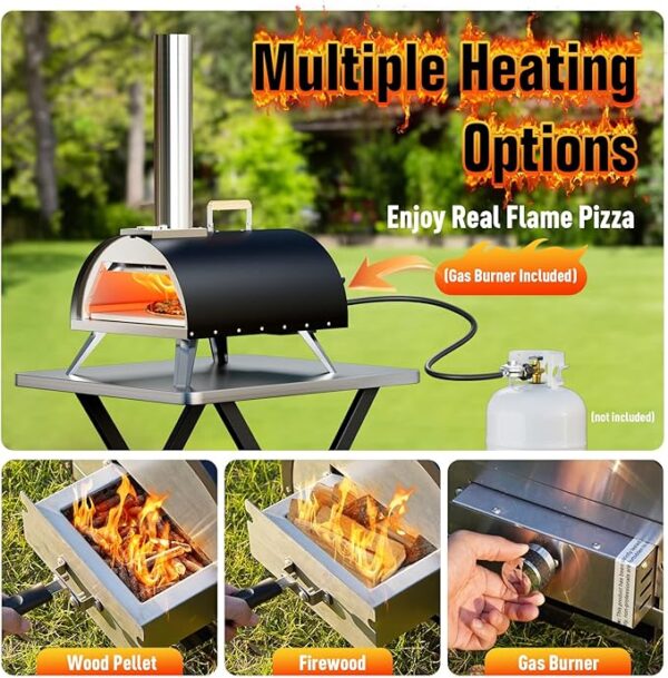 Multi-Fuel Pizza Oven Outdoor, 12" Portable Wood and Gas Fired Pizza Oven with Thermometer,Gas Hose & Pizza Stone,Heats up to 1000°F,Stainless Steel Pizza Oven for Backyard or Camping (Black) - Image 5