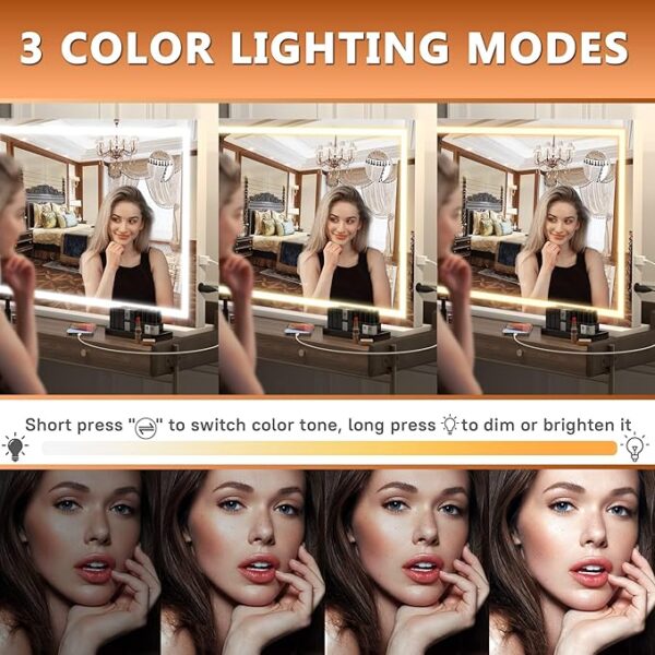 Hasipu Vanity Mirror with Lights, 32" x 22" LED Makeup Mirror, Lighted Makeup Mirror with Dimmable 3 Modes, Touch Screen Control Vanity Mirror Square White - Image 5