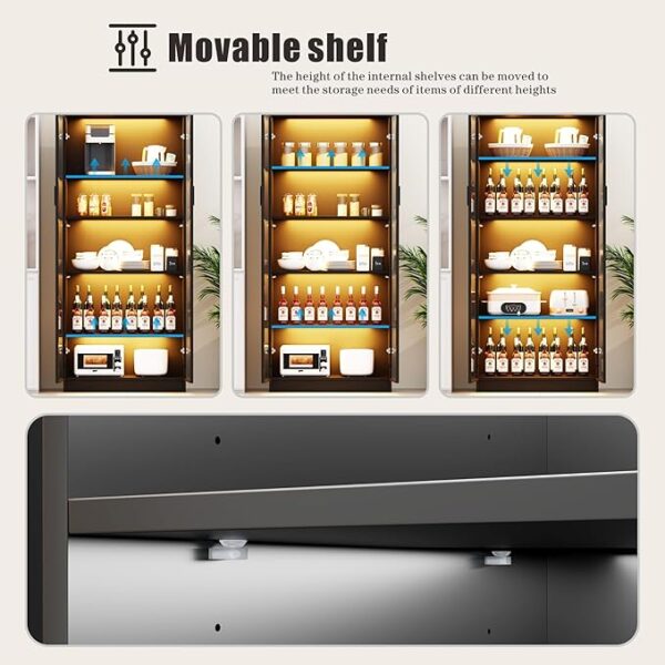 Display Cabinet with Doors and Adjustable Shelves, 65" Tall Bookcase with LED Lights/Human Sensor, 5 Tier Display Case for Collectibles Bedroom Living Room Office, Black - Smoked Black Door - Image 3