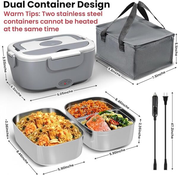 Electric Lunch Box Food Heater for Work, 80 W Food Warmer for Car Truck Travel with 2 Stainless Steel Containers 1.5 Liters Potable Self Heating lunch Box for Adults lonchera eléctrica portátil - Image 3