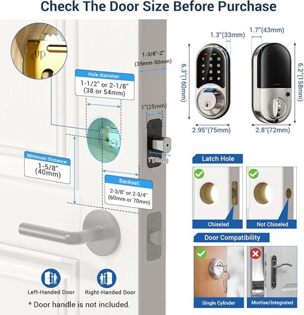 Veise Smart Lock, Fingerprint Door Lock, 7-in-1 Keyless Entry Door Lock with App Control, Electronic Touchscreen Keypad, Smart Deadbolt, Biometric Smart Locks for Front Door, Satin Nickel - Image 5