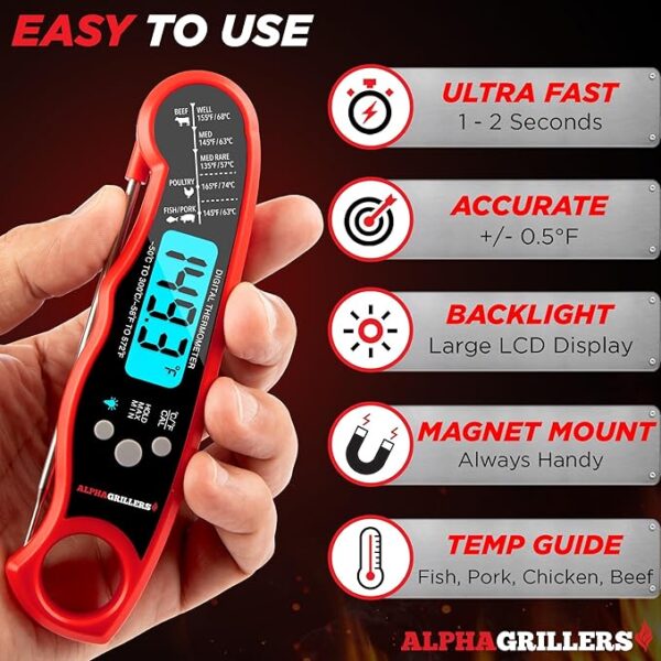 Alpha Grillers Instant Read Meat Thermometer for Cooking Grill and BBQ Griddle - Waterproof w/Backlight & Calibration for Food, Oven, Air Fryer Accessories, Kitchen Essentials, Stocking Stuffer Gifts - Image 3