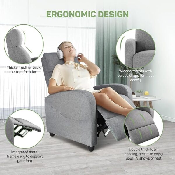 Recliner Chair with Massage and Lumbar Support, Small Fabric Home Theater Seating, Adjustable Modern Reclining Chair for Adults in Living Room - Image 5