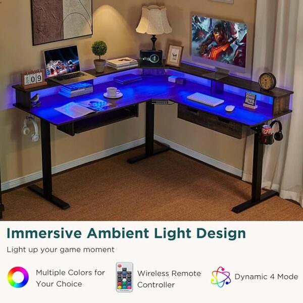 RedLemon 60 Inches L Shaped Electric Standing Desk,Height Adjustable Corner Gaming Desk with Drawers, Keyboard Tray, Power Outlets & LED Lights, Comnputer Desk with Monitor Shelf, Dark Rustic Oak - Image 5