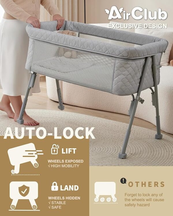 Bassinet Bedside Sleeper, Baby Crib for Newborn, Baby Bassinets Bedside Sleeper with 4 Auto-Lock & Adjustable Height, Breathable Mesh & Mattress, Bedside Bassinet - Image 5