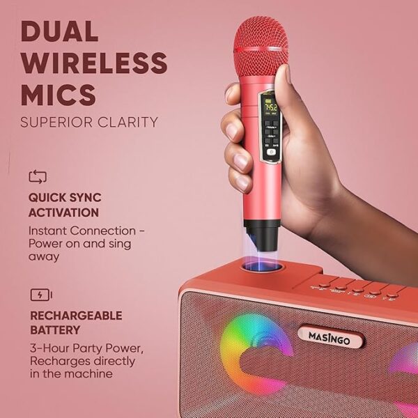 MASINGO Karaoke Machine for Adults and Kids with 2 Wireless Microphones, Portable Bluetooth Singing Speaker, Colorful LED Lights, PA System, Lyrics Display Phone Holder, and TV Cable. Presto G2 Pink - Image 4