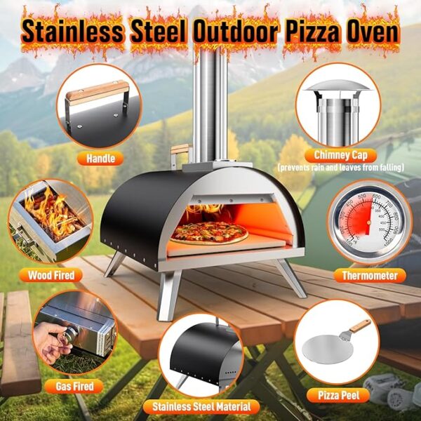 Multi-Fuel Pizza Oven Outdoor, 12" Portable Wood and Gas Fired Pizza Oven with Thermometer,Gas Hose & Pizza Stone,Heats up to 1000°F,Stainless Steel Pizza Oven for Backyard or Camping (Black) - Image 6