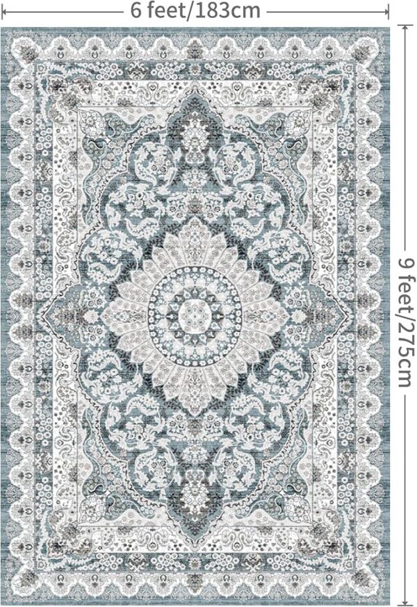 Foxmas 6x9 Area Rugs for Living Room, Machine Washable Vintage Rug, Non-Slip Low Pile Throw Rugs with Rubber Backing Washable Carpet for Bedroom Dining Room Kitchen Home Decor, Blue - Image 4